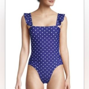 Like New Jones New York Polka Dot Ruffle Sleeve One Piece Swimsuit, Blue & White